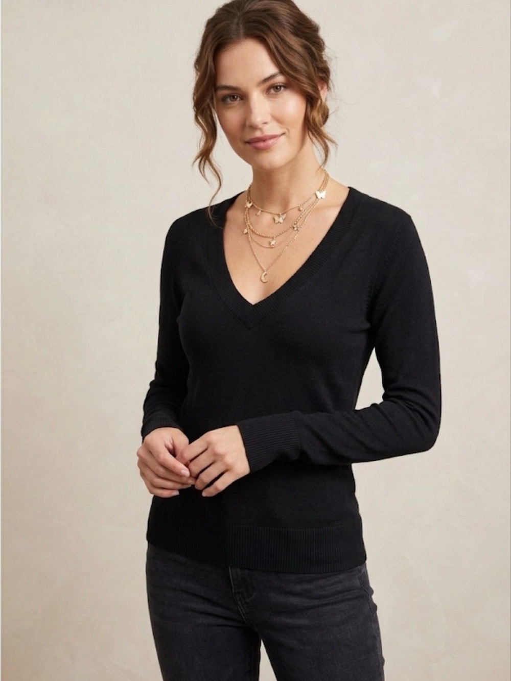 Take Out Black Deep V Neck Long Sleeve Top Size S